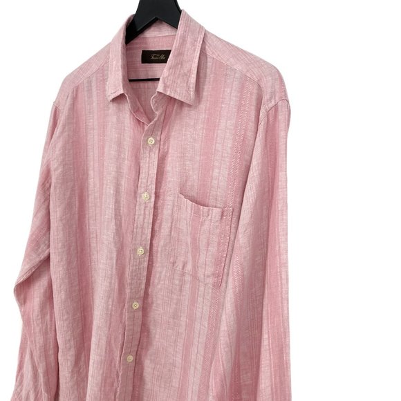 TASSO ELBA Pink Textured Stripe Linen Button Up Long Sleeve Shirt Size L - Picture 6 of 16